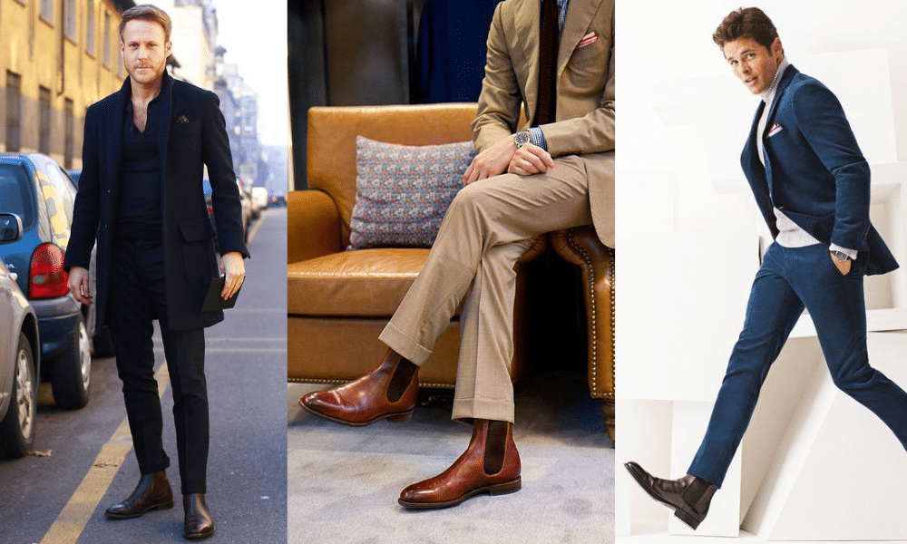 suede chelsea boots with suit